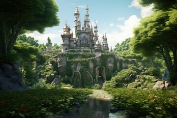A wonderful fairytale castle among dense greenery and numerous trees on the edge of the forest - obrazy, fototapety, plakaty