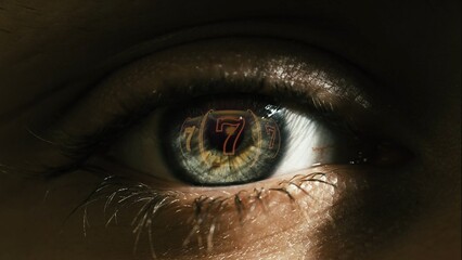 Macro shot of eyes with lucky number seven reflection. Jackpot casino concept.