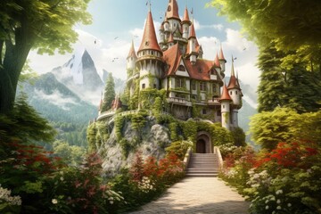 A mysterious fairytale castle, among green foliage and dense trees, on the edge of the forest