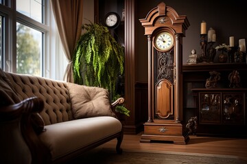 In a classic interior design, a majestic grandfather clock stands tall