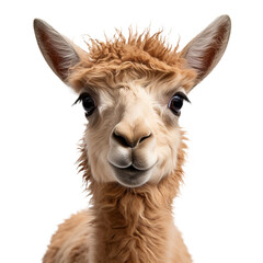 A close up of a llama, isolated on transparent or white background
