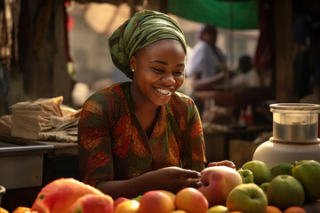 Smiling African woman in a local market.