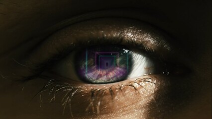 Naklejka premium Macro shot of eyes with Neon Light tunnel reflection. Party VJ concept