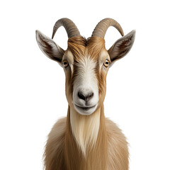 A goat with horns looking at the camera, isolated on transparent or white background