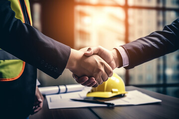 A moment of collaboration takes center stage as real estate agents and customers shake hands in a...