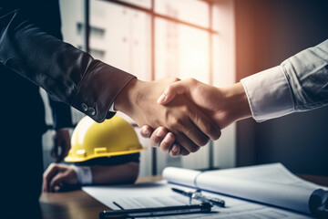 A moment of collaboration takes center stage as real estate agents and customers shake hands in a construction site office with yellow safety helmets on the desk. Generative AI. - obrazy, fototapety, plakaty