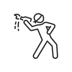 Man throws molotov cocktail, linear icon, arsonist, masked criminal, protest. Line with editable stroke