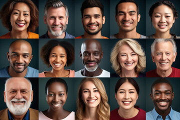 Collage of multiethnic group of people looking at camera. Happy multi cultural and multi aged generation people smiling.