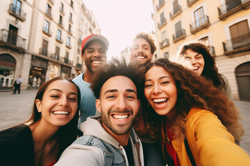 Multiracial group of friends taking selfie picture on the city street. Diverse people having fun outdoors. - obrazy, fototapety, plakaty