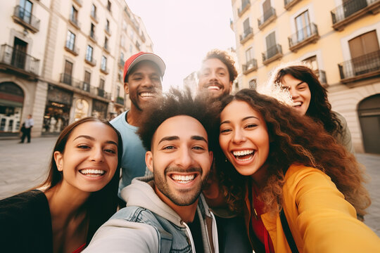 Multiracial group of friends taking selfie picture on the city street. Diverse people having fun outdoors.