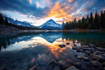 A serene mountain lake with crystal-clear water reflecting the hues of a tranquil sunrise, background wallpaper