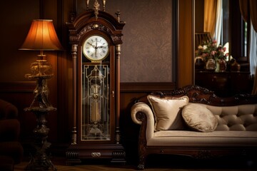 An ornate grandfather clock standing majestically in an elegant living room, classic interior design