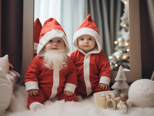 Funny photo of Cute Newborn baby kids wearing Santa Claus and Christmas theme dress, portrait, group shot, for Christmas time at home, Christmas vibes, generative AI