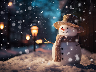 Smiley snowman decorated with scarf, carrot, hat standing on the street with snow and snow flakes, winter, Christmas, beautiful light, bokeh, generative ai
