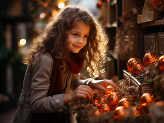 A cute smiley girl wearing Christmas winter theme dress shopping some ornaments, lights, gift boxes and presents at Christmas market, generative AI