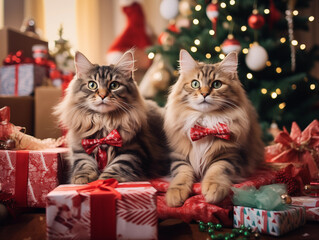 Group shot of cute Santa cats with Christmas theme sitting underneath the Christmas tree decorated with Christmas presents, beautiful and natural lights, bokeh, generative AI.