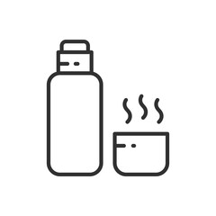Thermos with mountain drink, linear icon. Line with editable stroke