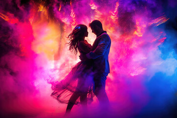 Side view silhouette of young couple dancing against colored dramatic background. - Powered by Adobe