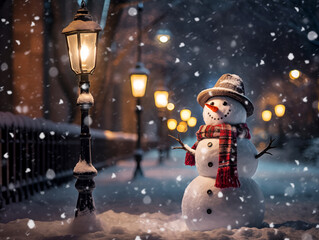 A cute snowman decorated with scarf, carrot, hat standing on the street with snow and snow flakes, winter, Christmas, beautiful light, bokeh, generative ai