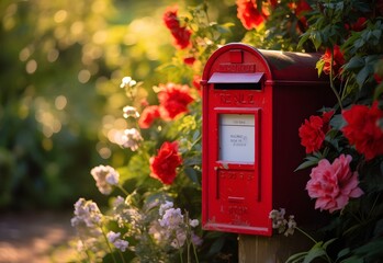 Red colored traditional post box among flowers