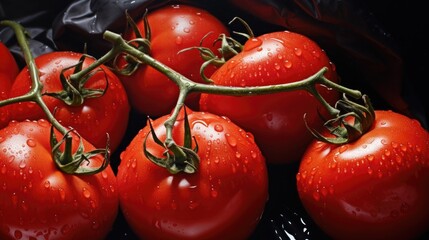 Juicy red tomatoes on a black background.
