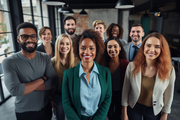 Fototapeta premium Large group of diverse business people at office. Business people pose together at workplace show leadership.