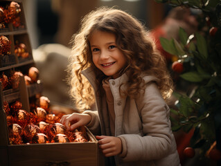 A little smiley girl wearing Christmas winter theme dress shopping some ornaments, lights, gift boxes and presents at Christmas market, generative AI