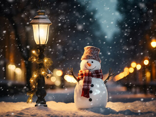 Illustration of a Snowman decorated with scarf, carrot, hat standing on the street with snow and snow flakes, winter, Christmas, beautiful light, bokeh, generative ai