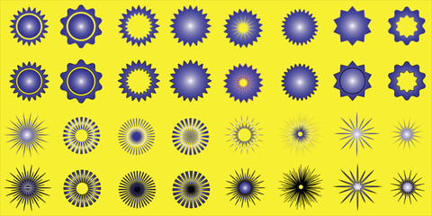 Sunburst Vector Illustration: Vibrant, high-resolution vector illustration featuring a grid of blue and black sunburst designs on a yellow background. Perfect for backgrounds, patterns, and designs.