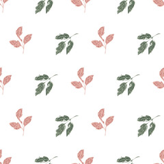 Pink green leaf vector seamless background pattern. Spring backdrop with leaves on neutral color. Scattered sprigs all over print. Decorative botanical repeat for fabric, wrapping, wallpaper