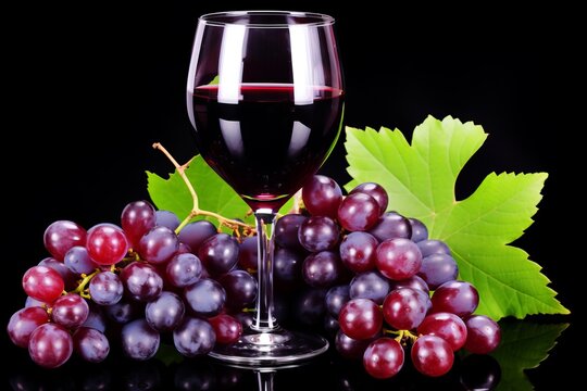 This image features a sophisticated set-up with a glass of red wine, perfectly filled, standing beside a lush bunch of dark grapes. The grapes are accompanied by a green grape leaf, adding a fresh and