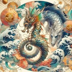タツノオトシゴ、シードラゴン、龍（ドラゴン）、お正月、年賀状、干支、辰、海洋生物、海の生き物、中国、アジア、生成AIイラスト