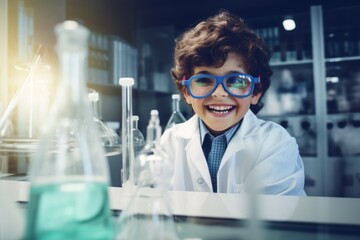 A little boy wearing a scientist costume in a laboratory.