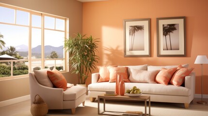 Fototapeta premium interior of the fashionable Apricot Crush room is peach-orange. Design of a living room with a sofa, indoor plants, paintings, lamp