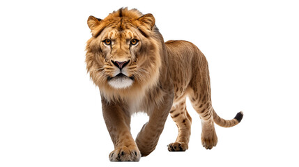A lion walking on a black background, isolated on transparent or white background