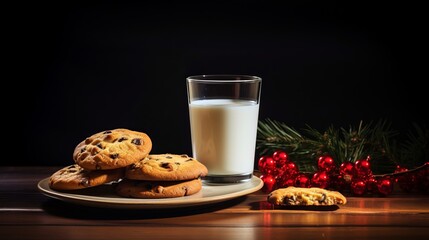 traditional christmas milk in glass, jug with cookies on Christmas lights background. A gift for...