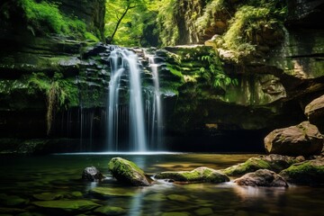 Naklejka premium Mesmerizing charm of a waterfall cascading down a rocky cliff