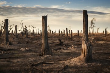A landscape undergoing renewal is portrayed through the scattered remains of burnt tree trunks, remnants of recent fire