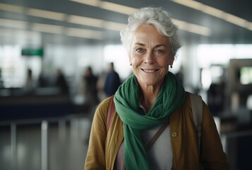 older woman with a brown scarf standing at the airport with a smile, relatable personality - obrazy, fototapety, plakaty