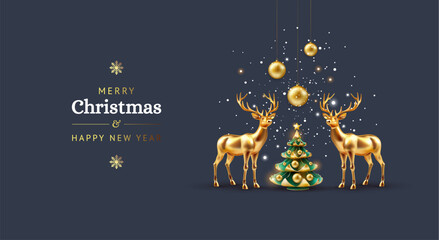 Elegant Christmas card with golden Christmas deers and Christmas tree on dark blue background, snow and golden decorations - vector illustration © forestgraphic