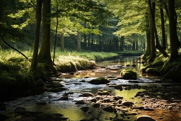 Set the tone for serenity with a background wallpaper featuring a sunlit forest stream - obrazy, fototapety, plakaty