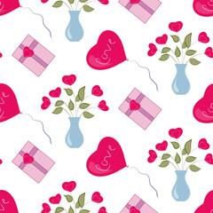 Seamless pattern for Valentine's Day, with cute flowers and hearts.