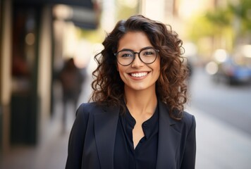 smiling businesswoman in glasses standing in city, multicultural fusion