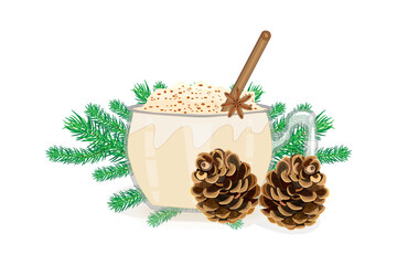 Eggnog, fir cone and twig on white background. Winter drink and christmas decoration.Pine branch and glass of eggnog with cinnamon stick.Cocktail with milk, cinnamon and clove star.Vector illustration