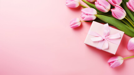 Mother's Day gift and present voucher concept with tulips and copy space.