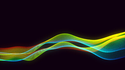 On a black background, a halftone gradient curve shape with flowing dots and particles forms a wave pattern.