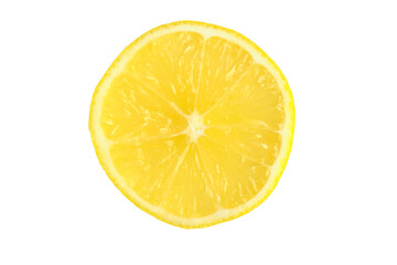 Slice of juicy yellow lemon on white background.