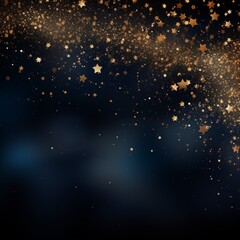 A background defined by abstract dark blue and gold particles, establishing the scene for a joyous New Year and Christmas ambiance, adorned with golden stars and sparkling elements.