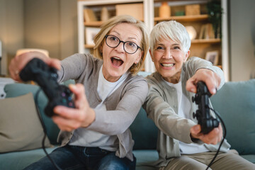 Two senior women caucasian friends or sisters play console video game