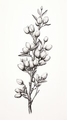 Vintage Almond Engraving of a Branch with Intricate Details and Delicate Blossoms